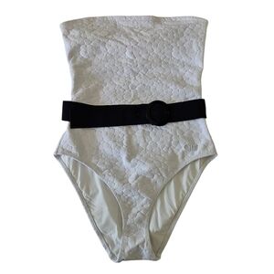 Solid & Striped White Floral Embossed Strapless Belted One Piece NWT